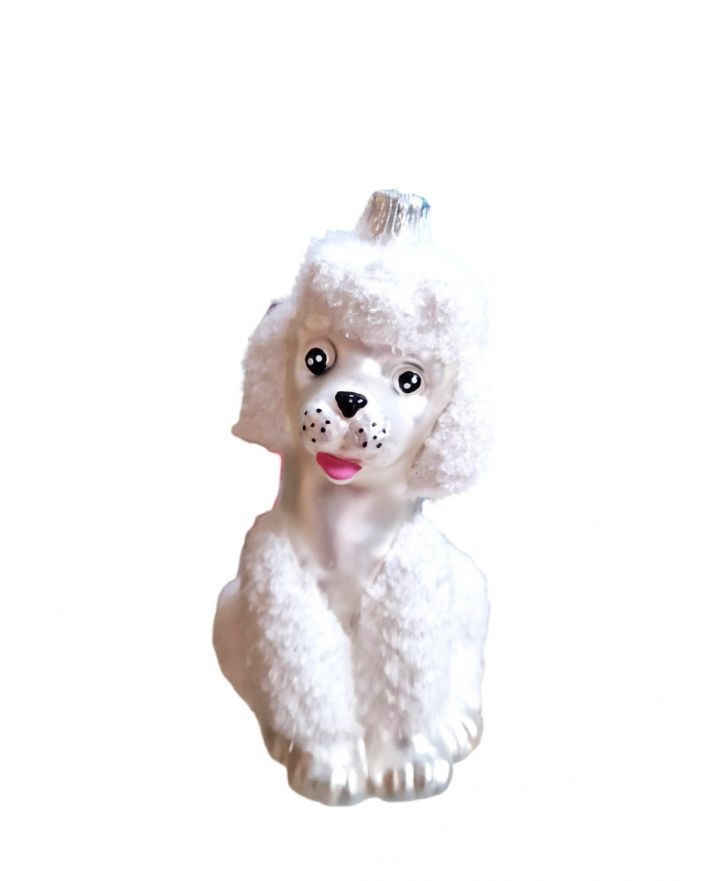 OZDOBA ŚWIĄTECZNA - ZAWIESZKA BOMBKA - PIES PUDEL biały