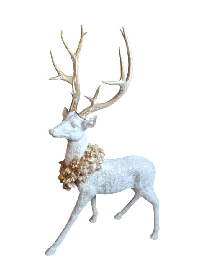 DUŻY BIAŁY BOŻONARODZENIOWY STOJĄCY JELEŃ - brokatowy