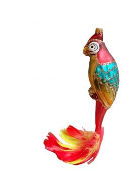 OZDOBA ŚWIĄTECZNA - ZAWIESZKA BOMBKA PAPUGA CZERWONA pióra