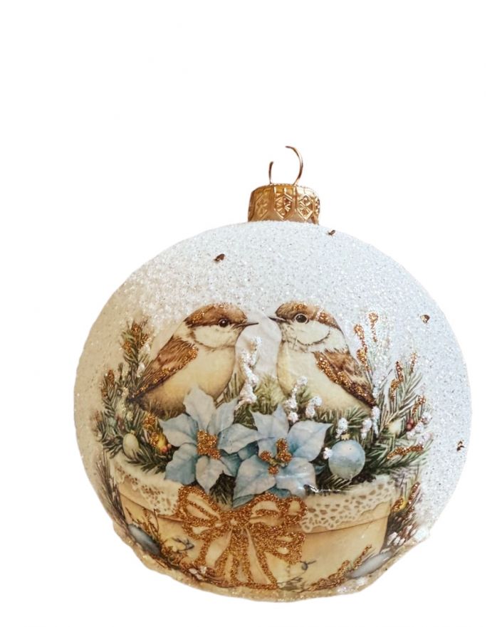 OZDOBA ŚWIĄTECZNA - DUŻA BOMBKA 120 mm decoupage PTASZKI model III
