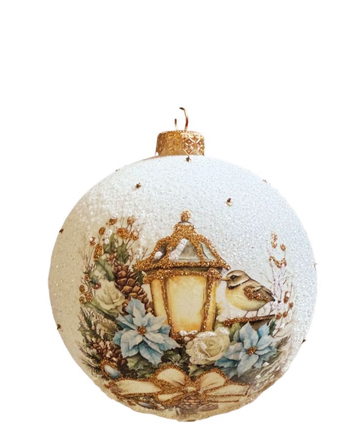 OZDOBA ŚWIĄTECZNA - DUŻA BOMBKA 120 mm decoupage PTASZKI model IV