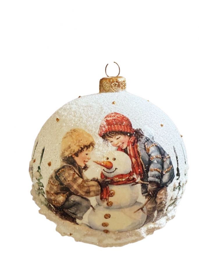 OZDOBA ŚWIĄTECZNA - DUŻA BOMBKA 120 mm decoupage DZIECI Z BAŁWANEM model I