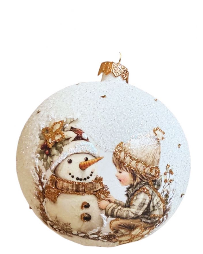OZDOBA ŚWIĄTECZNA - DUŻA BOMBKA 120 mm decoupage DZIECI Z BAŁWANEM model III
