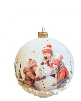 OZDOBA ŚWIĄTECZNA - DUŻA BOMBKA 120 mm decoupage DZIECI Z BAŁWANEM model IV
