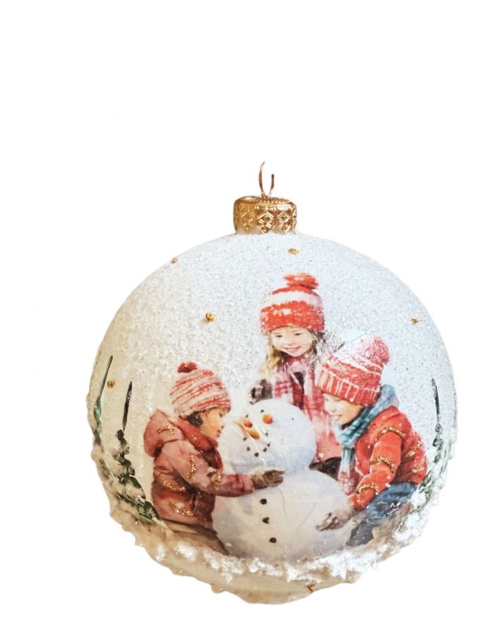 OZDOBA ŚWIĄTECZNA - DUŻA BOMBKA 120 mm decoupage DZIECI Z BAŁWANEM model IV