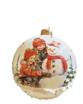OZDOBA ŚWIĄTECZNA - DUŻA BOMBKA 120 mm decoupage DZIECI Z BAŁWANEM model V