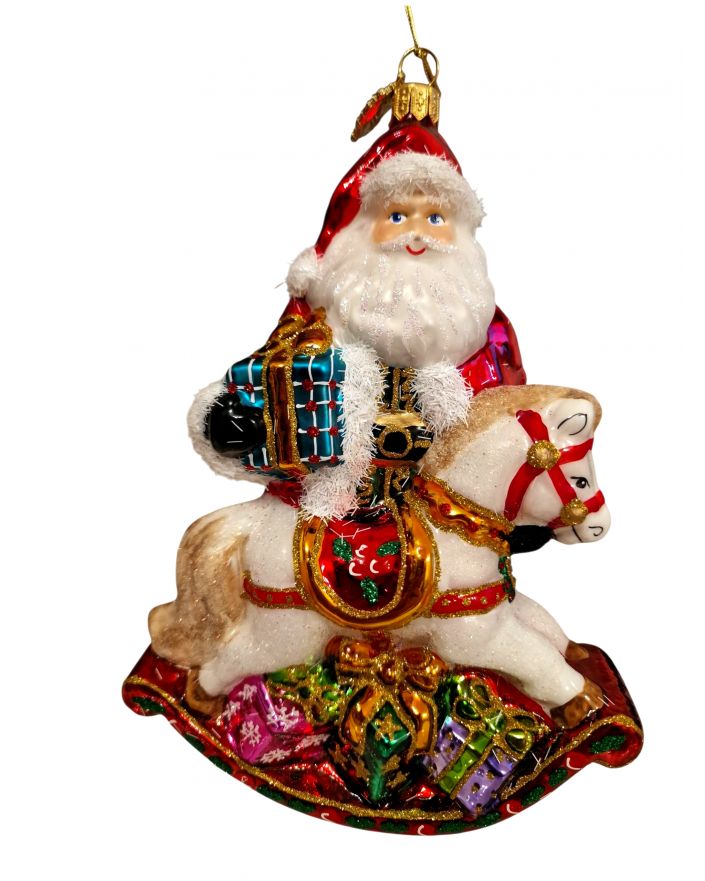 OZDOBA ŚWIĄTECZNA - ZAWIESZKA BOMBKA MIKOŁAJ Z KONIEM NA BIEGUNACH HURAS FAMILY