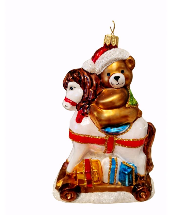 OZDOBA ŚWIĄTECZNA - ZAWIESZKA BOMBKA MIŚ NA KONIU NA BIEGUNACH