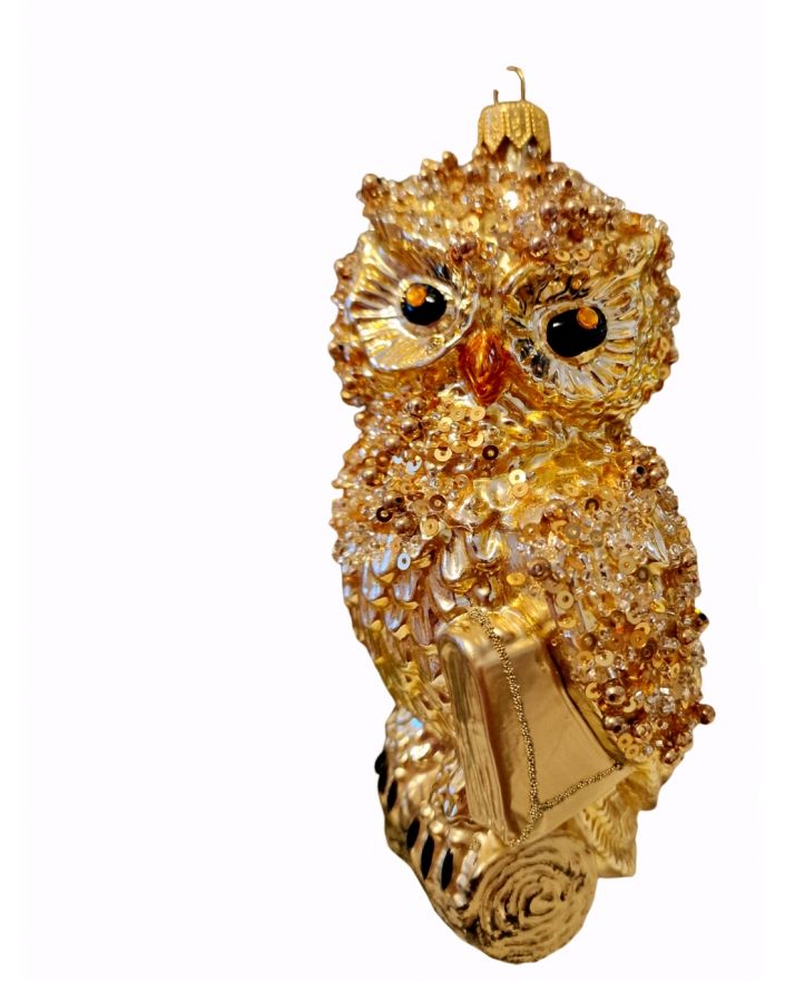 OZDOBA ŚWIĄTECZNA - ZAWIESZKA BOMBKA - duża SOWA Z KSIĄŻKĄ model V złota