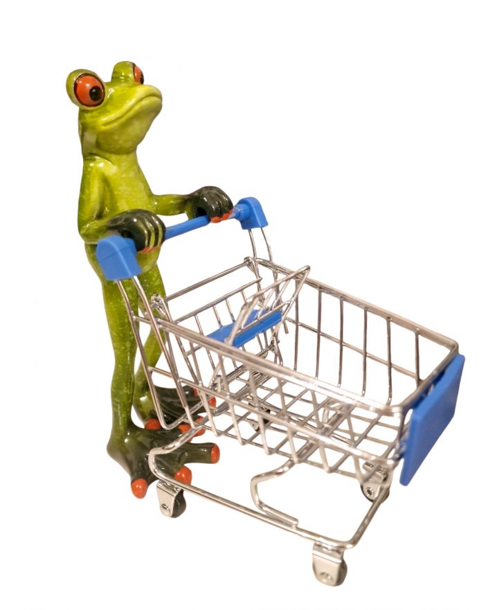 FIGURA CERAMICZNA - ŻABA ŻABKA Z WÓZKIEM SKLEPOWYM model II