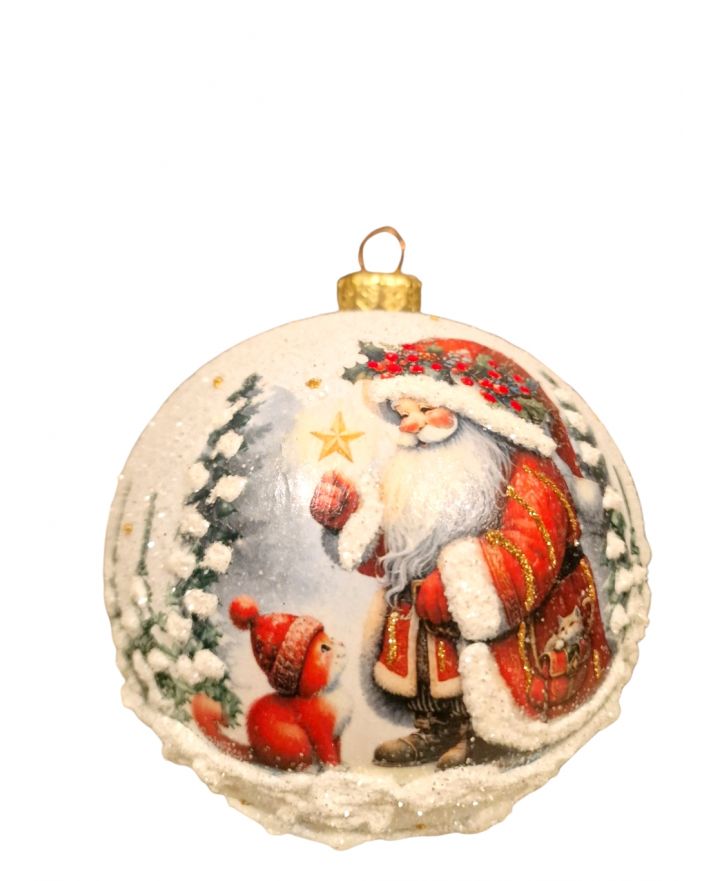 OZDOBA ŚWIĄTECZNA - DUŻA BOMBKA 120 mm decoupage MIKOŁAJ Z SANIAMI