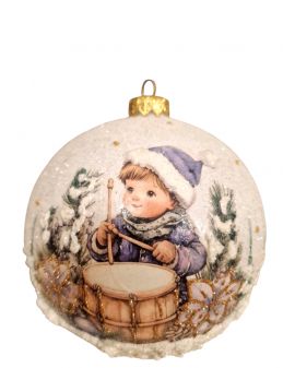 OZDOBA ŚWIĄTECZNA - DUŻA BOMBKA 120 mm decoupage DZIECI - chłopczyk z bębenkiem