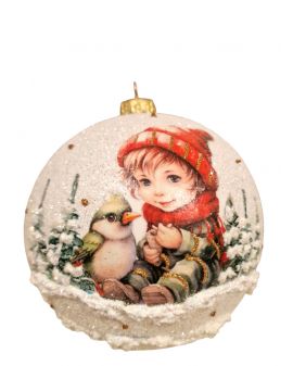 OZDOBA ŚWIĄTECZNA - DUŻA BOMBKA 120 mm decoupage DZIECI - chłopczyk z ptaszkiem
