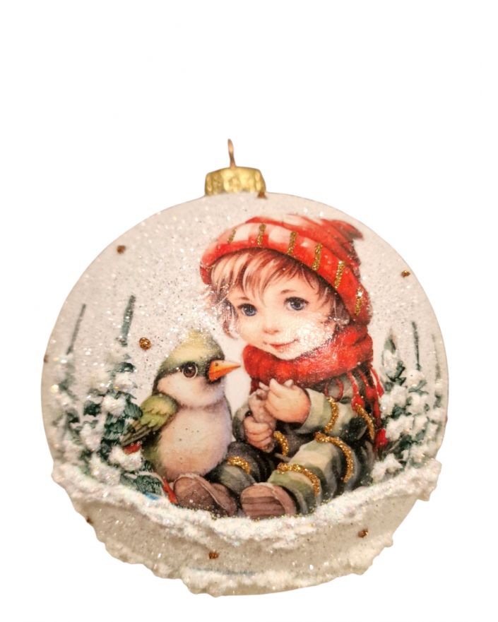 OZDOBA ŚWIĄTECZNA - DUŻA BOMBKA 120 mm decoupage DZIECI - chłopczyk z ptaszkiem