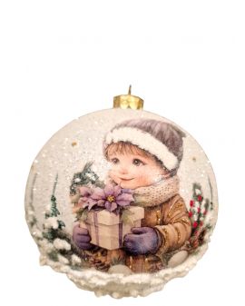 OZDOBA ŚWIĄTECZNA - DUŻA BOMBKA 120 mm decoupage DZIECI - chłopczyk z prezentem