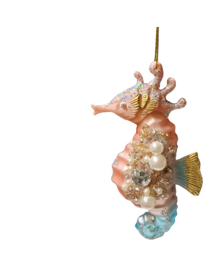 OZDOBA ŚWIĄTECZNA - ZAWIESZKA BOMBKA - KOŃ KONIK MORSKI różowy z perłami