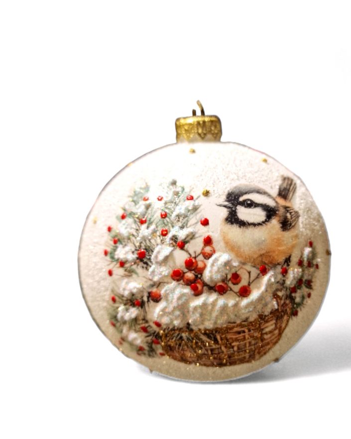 OZDOBA ŚWIĄTECZNA - DUŻA BOMBKA 120 mm decoupage PTASZKI model IV