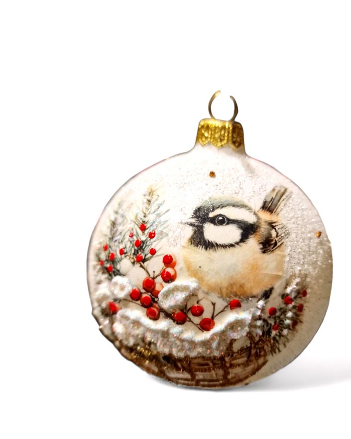 OZDOBA ŚWIĄTECZNA - DUŻA BOMBKA 100 mm DECOUPAGE PTASZEK model I