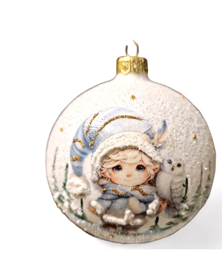 OZDOBA ŚWIĄTECZNA - DUŻA BOMBKA 100 mm DECOUPAGE ELF BOŻONARODZENIOWY model I