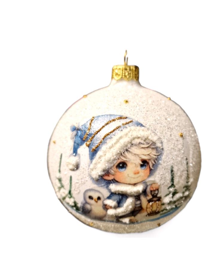 OZDOBA ŚWIĄTECZNA - DUŻA BOMBKA 100 mm DECOUPAGE ELF BOŻONARODZENIOWY model II