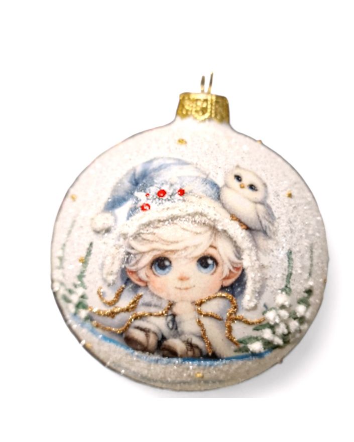 OZDOBA ŚWIĄTECZNA - DUŻA BOMBKA 100 mm DECOUPAGE ELF BOŻONARODZENIOWY model III