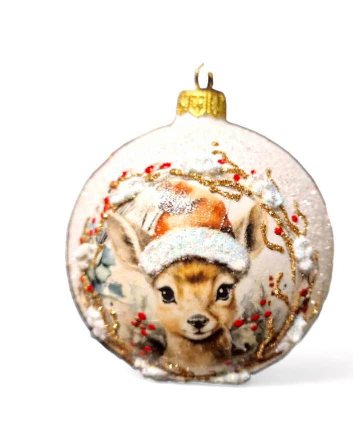 OZDOBA ŚWIĄTECZNA - DUŻA BOMBKA 100 mm DECOUPAGE JELEŃ RENIFER BOŻONARODZENIOWY model II