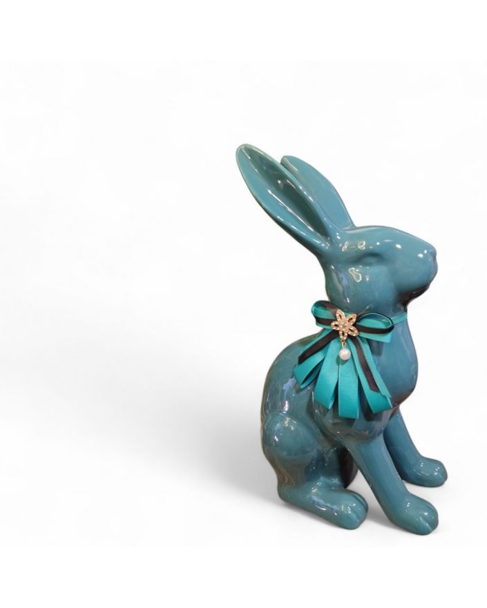 FIGURA CERAMICZNA - KRÓLIK ZAJĄC Z KOKARDĄ zielony