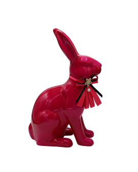 FIGURA CERAMICZNA - KRÓLIK ZAJĄC Z KOKARDĄ fuksja