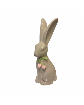 FIGURA CERAMICZNA - SIEDZĄCY KRÓLIK ZAJĄC Z TULIPANAMI - biały