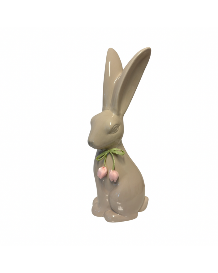 FIGURA CERAMICZNA - SIEDZĄCY KRÓLIK ZAJĄC Z TULIPANAMI - biały