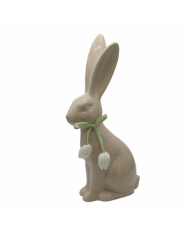 FIGURA CERAMICZNA - SIEDZĄCY KRÓLIK ZAJĄC Z TULIPANAMI - beż
