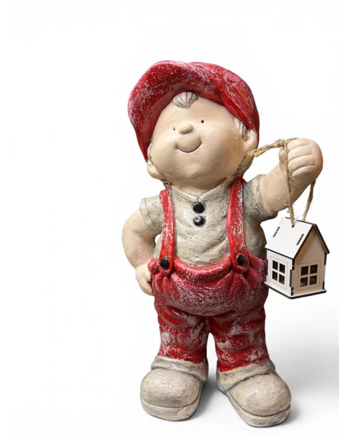 FIGURA GIPSOWA - CHŁOPCZYK W CZAPCE Z LATARENKĄ - Staś