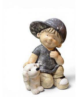 FIGURKA GIPSOWA - CHŁOPIEC SIEDZĄCY Z PSEM